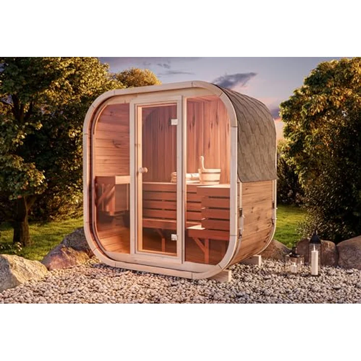 FinnTherm Fasssauna Ellipso M, 42mm, Thermoholz, Außergewöhnliches Design, B 196 x T 119 x H 203 cm – Bild 3