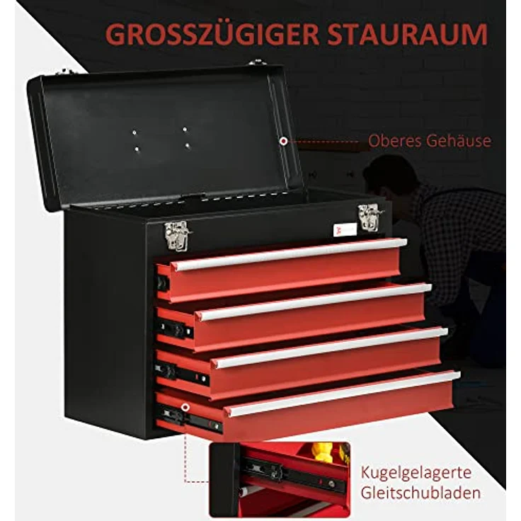 DURHAND Werkzeugkasten, Werkzeugkoffer ohne Werkzeug, Werkzeugkiste mit Griff, Werkzeugbox mit 4 Schubladen, Schloss, Stahl, Schwarz+Rot, 51 x 22 x 39,5 cm – Bild 5
