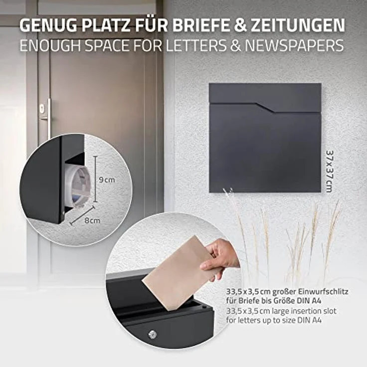 ML-Design Briefkasten Anthrazit Edelstahl pulverbeschichtet, 37x37 cm, Postkasten mit Zeitungsfach, Abschließbar 2 Schlüssel, Moderner Design Wandbriefkasten mit Zeitungsrolle, Mailbox für Wandmontage – Bild 4