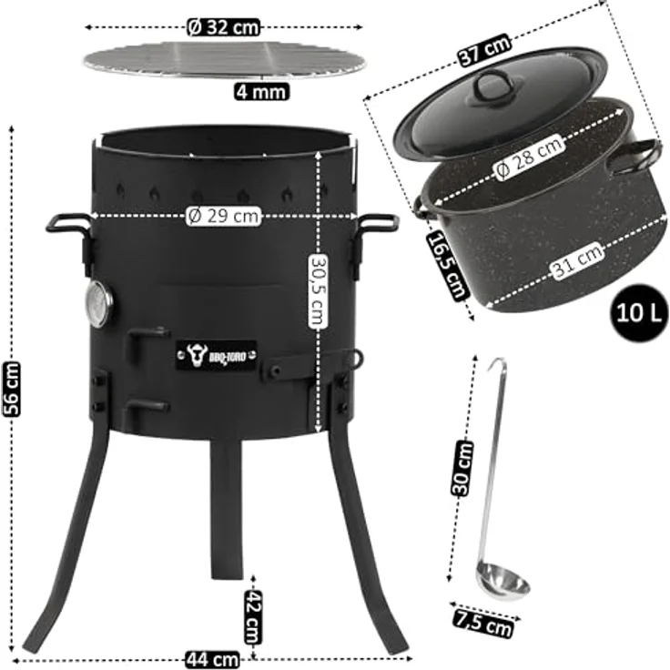 BBQ-Toro Eintopfofen Outdoor Ø 29 cm, Gulaschkanone mit Topf, Grillrost, Suppenkelle und Thermometer, ideal für Eintöpfe und Feuerstelle – Bild 2