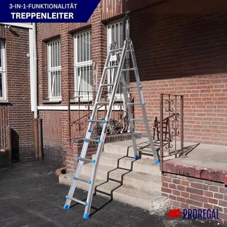 PROREGAL Apollo 3-in-1 Aluminiumleiter, Mehrzweckleiter mit 4x5 Sprossen, bis zu 5m Höhe, Traglast 150kg, klappbar, Silber – Bild 3