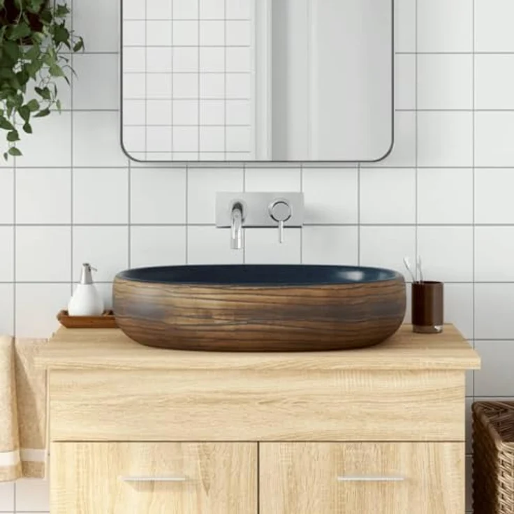 vidaXL Aufsatzwaschbecken, Oval Waschbecken mit Muster, Handgefertigt Waschtisch Waschschale für Badezimmer, Handwaschbecken Spülbecken, Braun Blau 59x40x14 cm Keramik – Bild 2