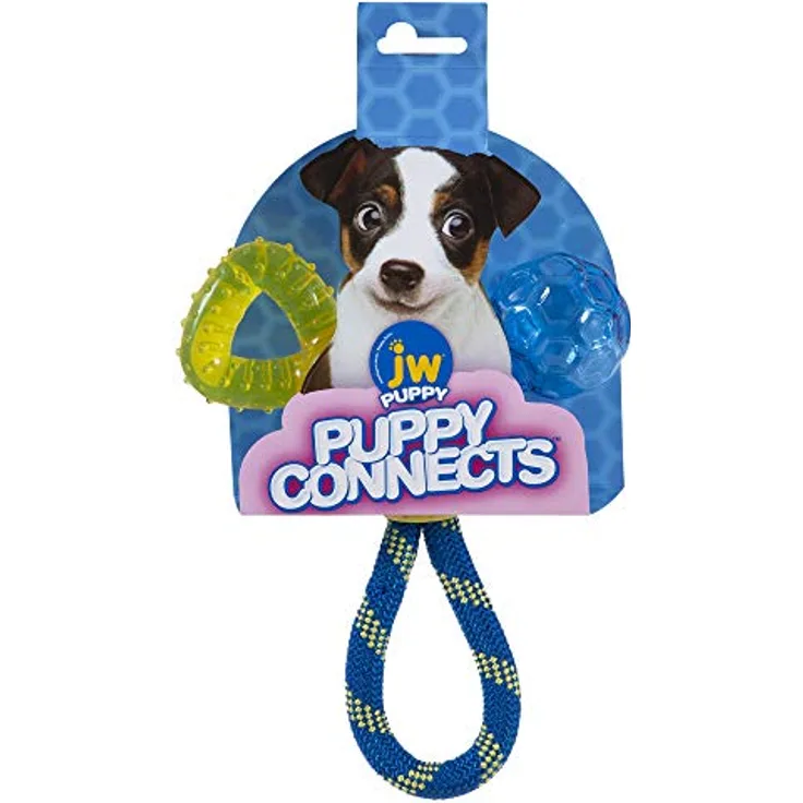 JW - Puppy Connects Teething Chew - Kauspielzeug für Welpen - Lindert Zahnschmerzen - Einheitsgröße - Zahnring, Seil, Plastikball