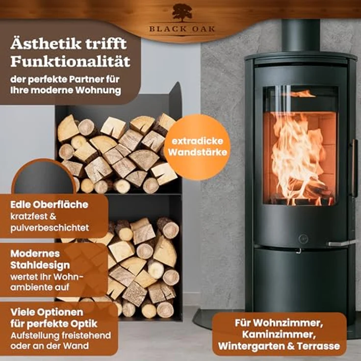 BLACK OAK Kaminholzregal YOSEMITE, 80x40x30cm schwarz, Metall Stahl, wetterfest, bis 200kg Holz, pulverbeschichtet, mit geschlossener Rückwand & Seiten – Bild 4