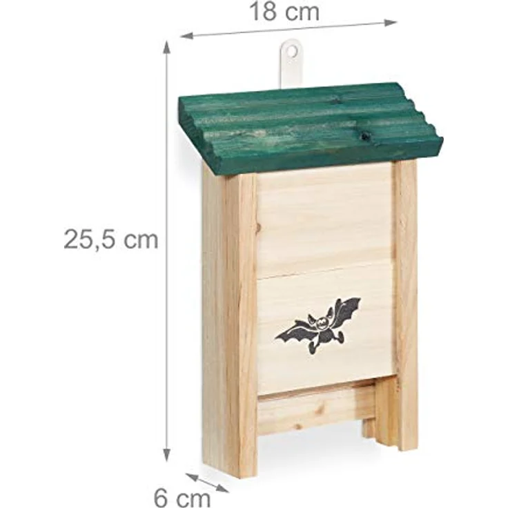 Relaxdays Fledermauskasten, Unterschlupf für Fledermäuse, aus unbehandeltem Holz, HxBxT: 25,5 x 18 x 6 cm, natur/grün – Bild 4