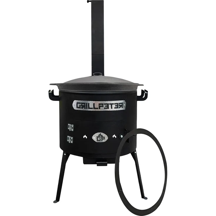 Grillpeter Utschak Asamat Ø40 cm, Holzkohlegrill mit Kazan 12L aus Gusseisen und Aludeckel, schwarz