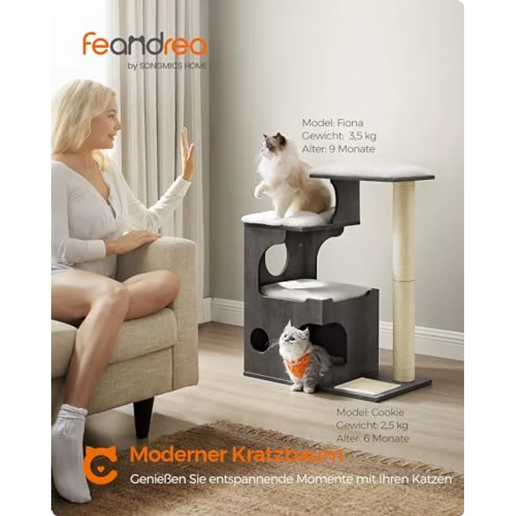 Feandrea Kratzbaum, 86 cm hoher Katzenbaum, Spanplatten-Katzenkratzbaum, mit Höhle, Liegeflächen, Säule und Sisal-Kratzmatte, waschbare Plüschkissen, nebelgrau" – Bild 2