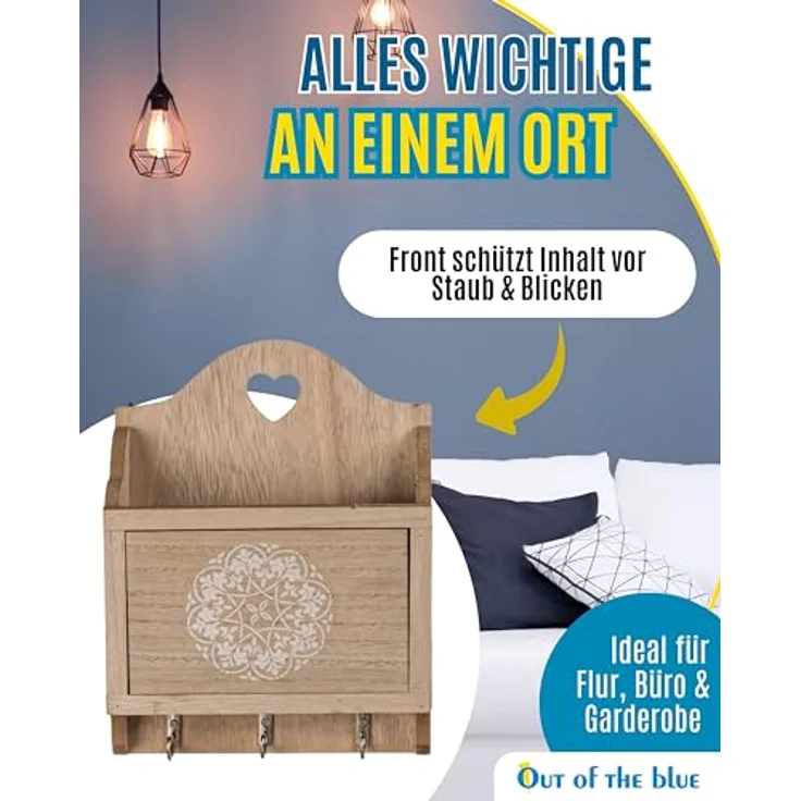 Schlüsselbrett mit Ablage Naturfarben Holz 3 Haken Keys Schlüsselbrett Stylish – Bild 5