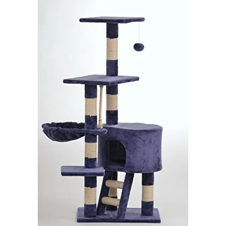 Lycce Kratzbaum Cat blau 50cm x 40cm x 120cm, Spiel- und Kletterbaum mit Treppe und Spielseil