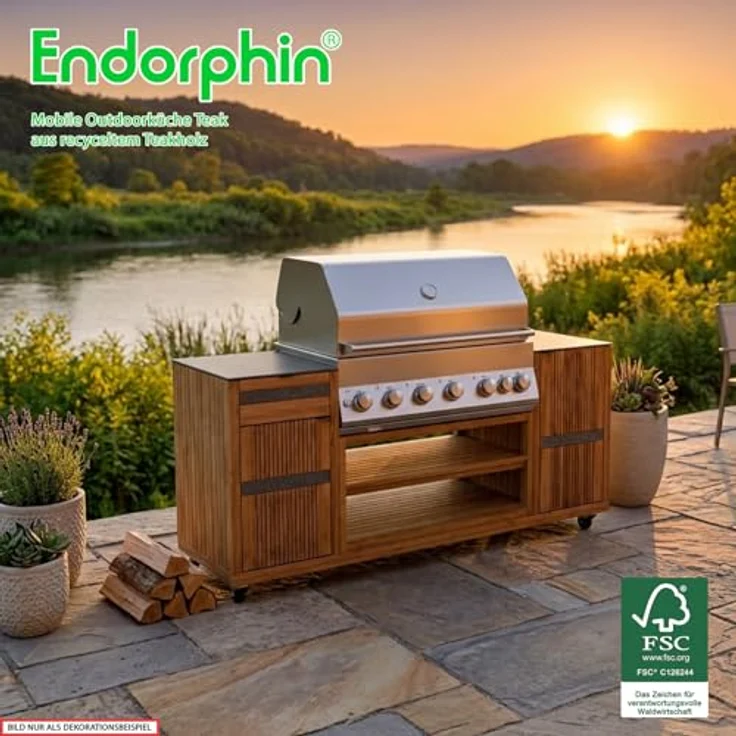 Endorphin Outdoorküche 2026, Mobile Grillstation mit integrierter Gasgrill-Technik, Teak-Wagen und silbernem Grill – Bild 6