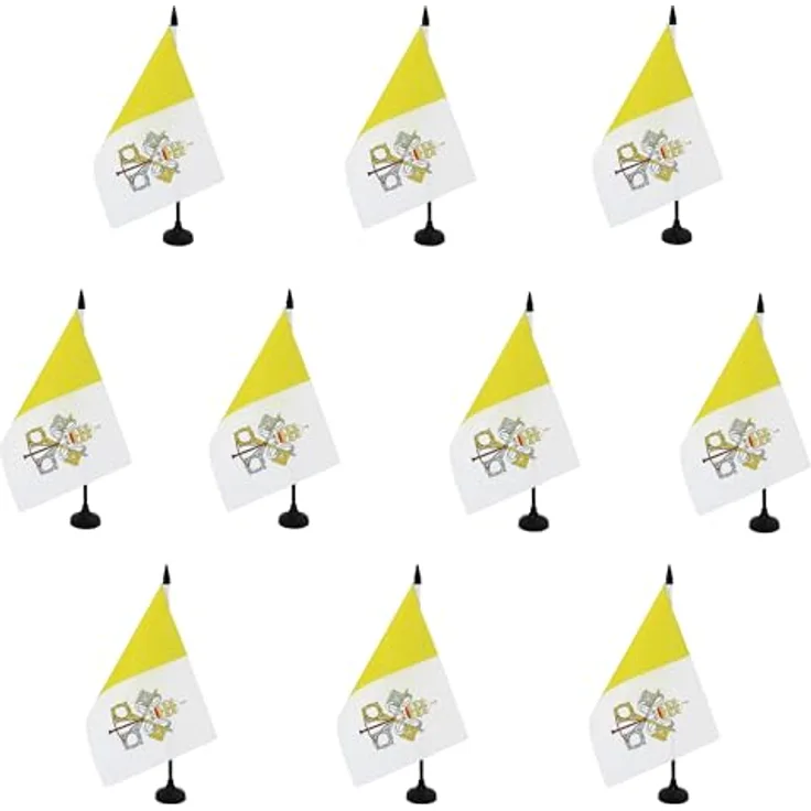 AZ FLAG Tischflaggen Set, 10 Stück Vatikanische Flagge, 21 x 14 cm aus 100% Polyester mit 25 cm Fahnenstange und schwarzem Kunststoffsockel