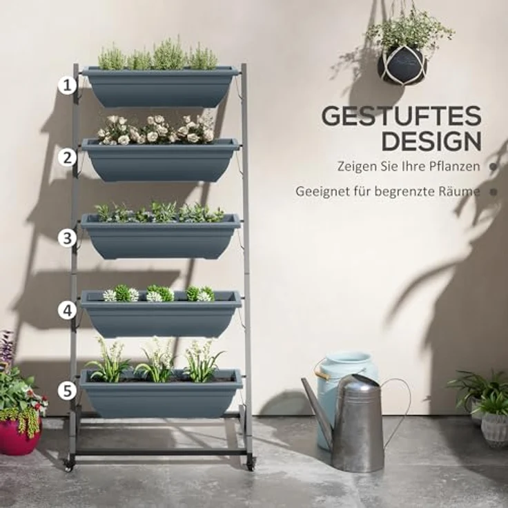 Outsunny Pflanzenständer, Blumenregal mit 5 Etagen und Rollen, Grau, für Innen- und Außeneinsatz, mit Drainagelöchern, 65 x 67 x 145 cm – Bild 3