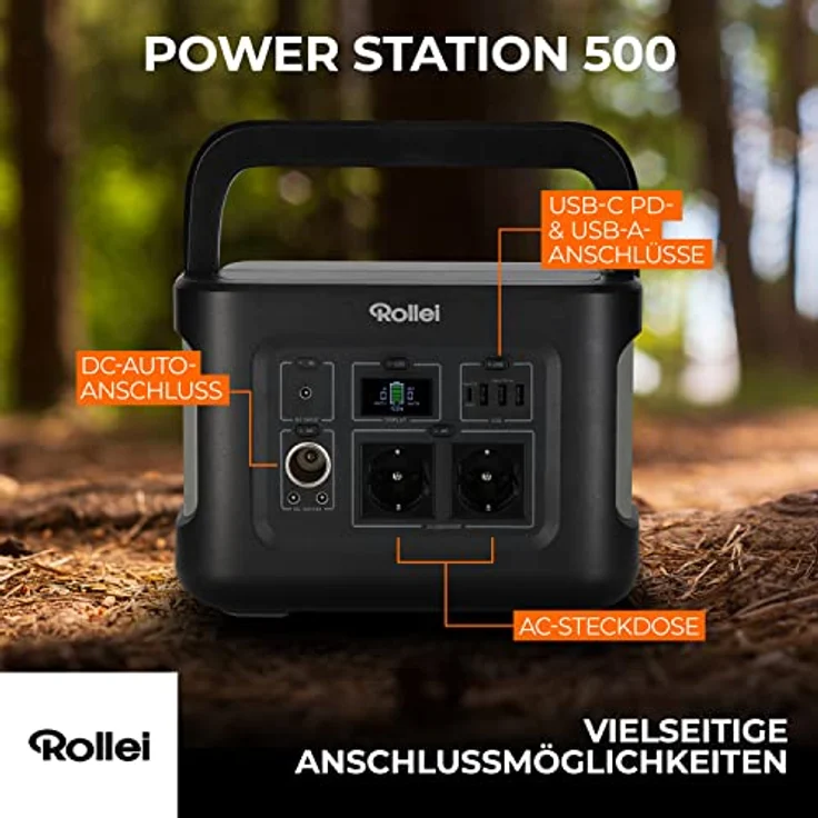 Rollei Power Station 500, 450WH Solargenerator mit LIFEPO4-Akku, 1.000W max Leistung, tragbarer Stromspeicher ideal für Camping, Wohnmobile, Garten, Notstrom Schwarz – Bild 2