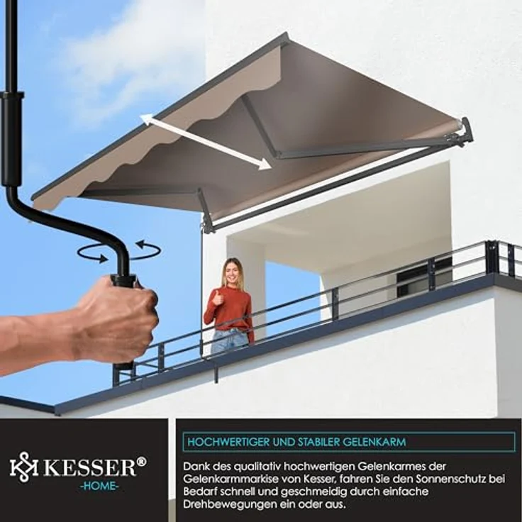KESSER® Gelenkarmmarkise 250 x 200 cm, wasserabweisende Terrassenmarkise aus Alu/Polyester in Taupe mit Wandhalterung – Bild 3