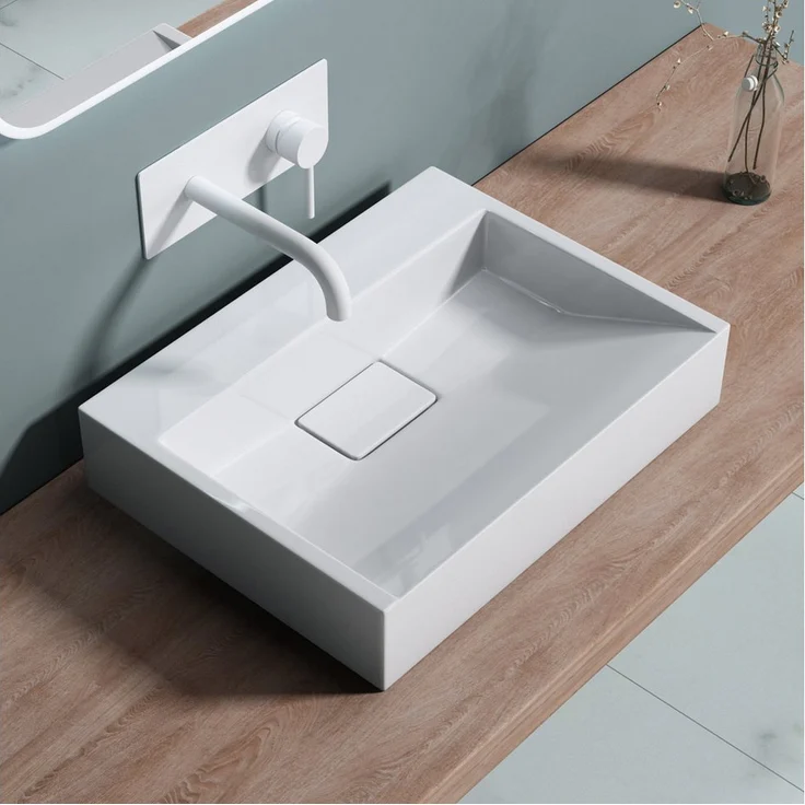 doporro Aufsatzwaschbecken Waschbecken Col19 Gussmarmor inkl. Ablaufgarnitur, Eckig, Hahnlöcher - Hochwertiges Design aus Gussmarmor, einfache Montage, Nano Beschichtung - Weiß – Bild 1