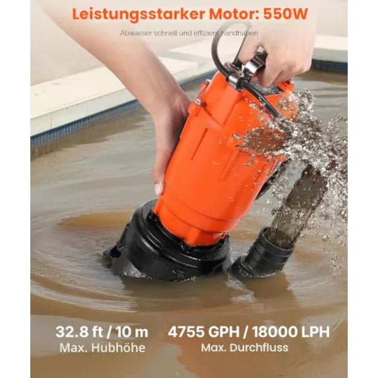 VEVOR 550W Tauchpumpe, 18000l/h Gusseisen-Schmutzwasserpumpe mit 5,08cm Auslass und 10m max. Förderhöhe für Pools, Gärten, Teiche und überflutete Bereiche – Bild 2