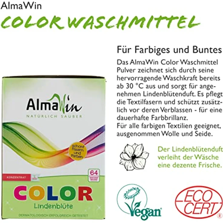 AlmaWin Color Waschmittel Lindenblüte 2kg I Umweltfreundliches Waschpulver für bunte Textilien I Ausreichend für ca. 64 Wäschen I Frei von synthetischen Duft- & Farbstoffen I Vegan – Bild 3