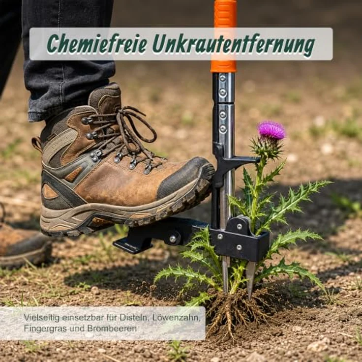 relaxdays Unkrautstecher mit langem Stiel, rückenschonend, mit Trittkante und 4 robusten Metallkrallen, silber und schwarz – Bild 5