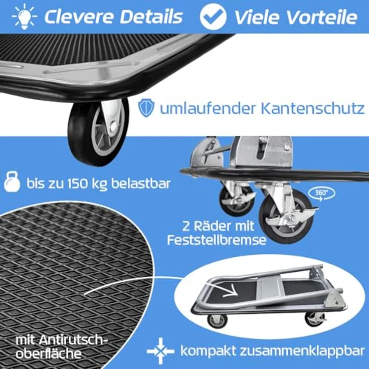 Trucky Klappbarer Transportwagen, Plattformwagen für 150 kg Nutzlast, schwarz/grau – Bild 5