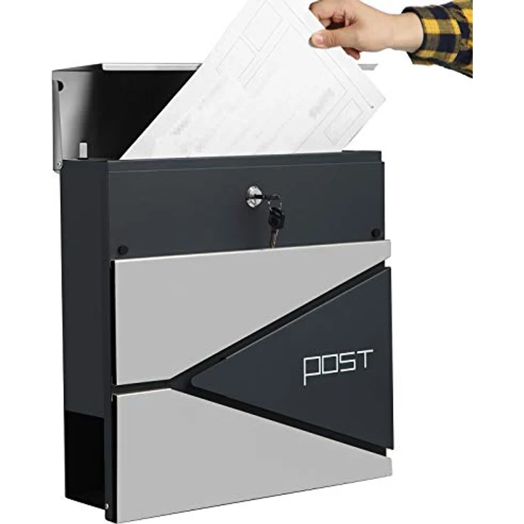 SONGMICS Briefkasten, abschließbarer Wandbriefkasten mit Zeitungsfach, einfache Montage, modern, anthrazit-silbern – Bild 3