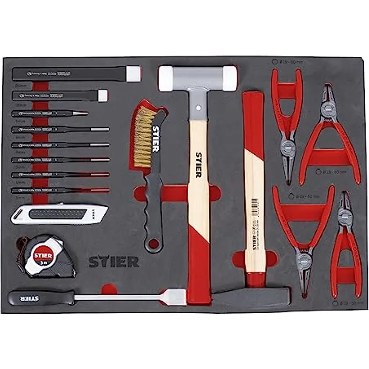 Stier Universal-Werkzeugsatz 18-teilig mit Weichschaumeinlage (EVA), inkl. rückschlagfreiem Schonhammer und 4-teiligem Sicherungsringzangensatz