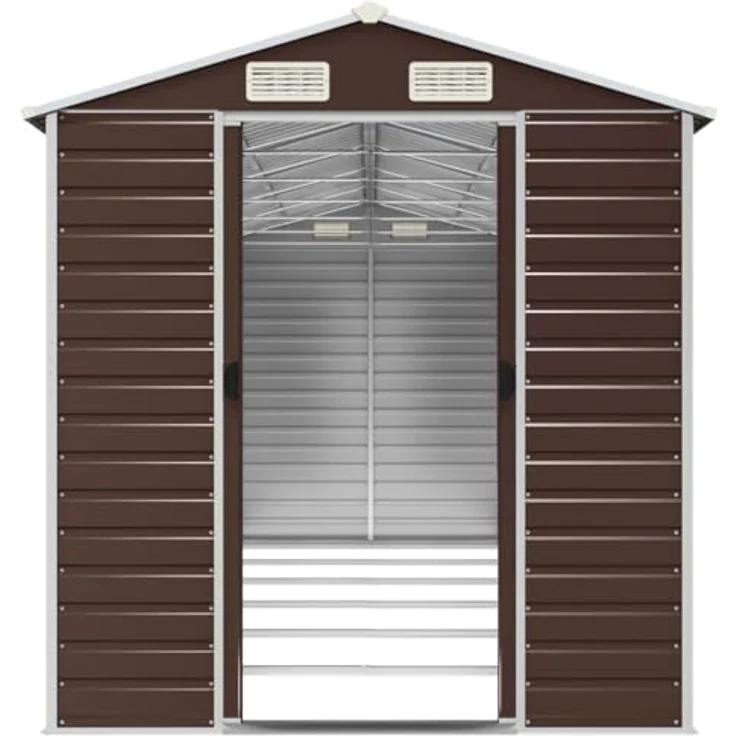 vidaXL Gerätehaus, Gartenhaus mit Schrägdach Griffe, Gartenschuppen Schuppen mit Stauraum, Geräteschuppen Metallschuppen, Braun 191x555x198 cm Verzinkter Stahl – Bild 5