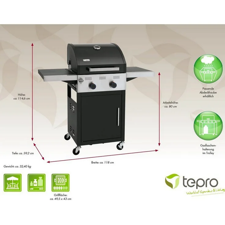 Tepro Gasgrill Keansburg 2 SE, 2-Brenner, Gussrost, abklappbare Seitenablagen – Bild 4