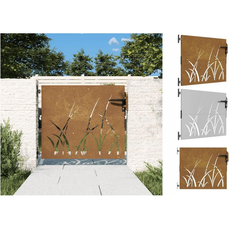 vidaXL Gartentor 85x100 cm Cortenstahl Gras-Design Abschließbar Zauntor in Rost-Optik – Bild 1