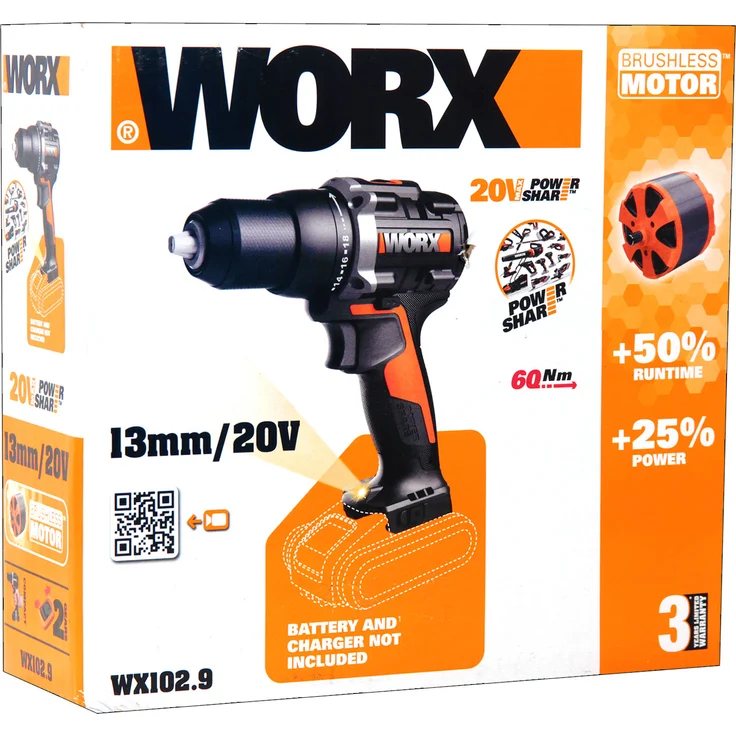 Worx Akku Bohrschrauber WX102.9 20V Solo 60Nm LED-Licht ohne Akku- Akkuschrauber – Bild 1