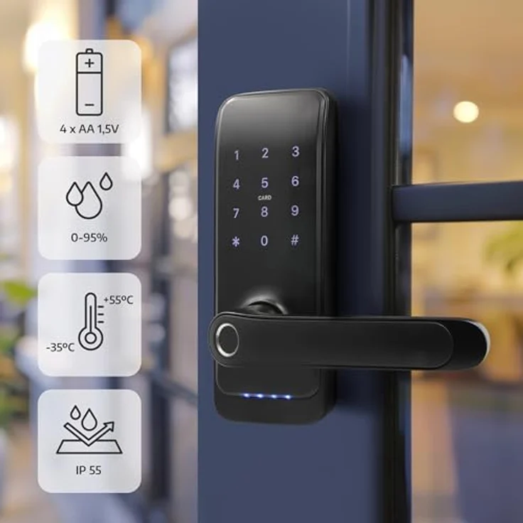 EURA ELH-01H4 Smartes Türschloss mit Griff, Codeschloss, biometrischem Leser, App TTLock/TTHotel, IP65, schwarz – Bild 4