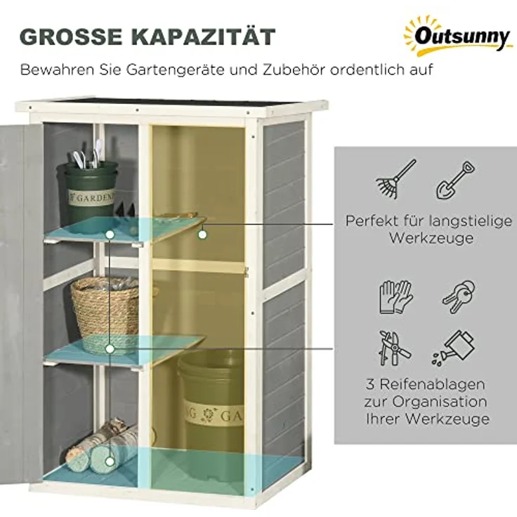 Outsunny Gartenhaus Gerätehaus Geräteschuppen mit Regalböden Geräteschuppen Lagerschuppen für Garten Tanne Schwarz+Grau+Weiß 75 x 56 x115 cm – Bild 4