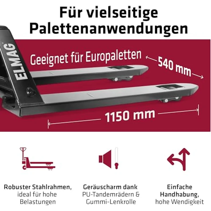 Elmag Handhubwagen HW 2500, Palettenwagen mit 2500 kg Tragkraft, 1150 mm Gabellänge, 540 mm Gabelbreite, Gummiräder & Polyurethan-Tandemrollen für mühelosen Transport – Bild 4