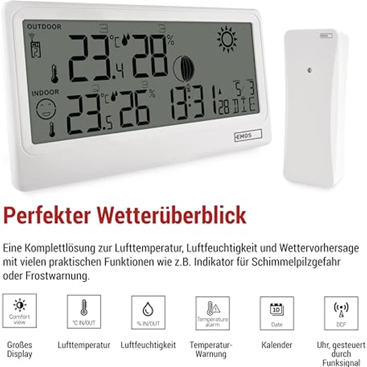 EMOS Funk-Wetterstation E0531, Wettervorhersage mit Außensensor, Innen-/Außentemperatur, Luftfeuchtigkeit, DCF-Uhr und Wecker - batteriebetrieben, weiß – Bild 2