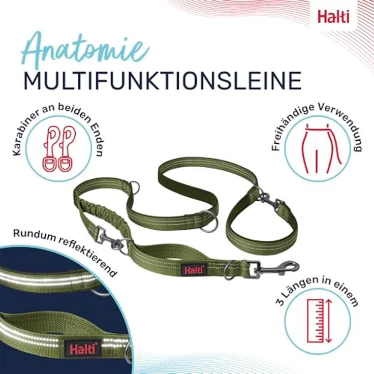 Company of Animals HALTI Anatomy Multifunktionsleine – Doppelführleine mit Ruckdämpfer, reflektierend, für Welpen (Größe L, Grün) – Bild 2