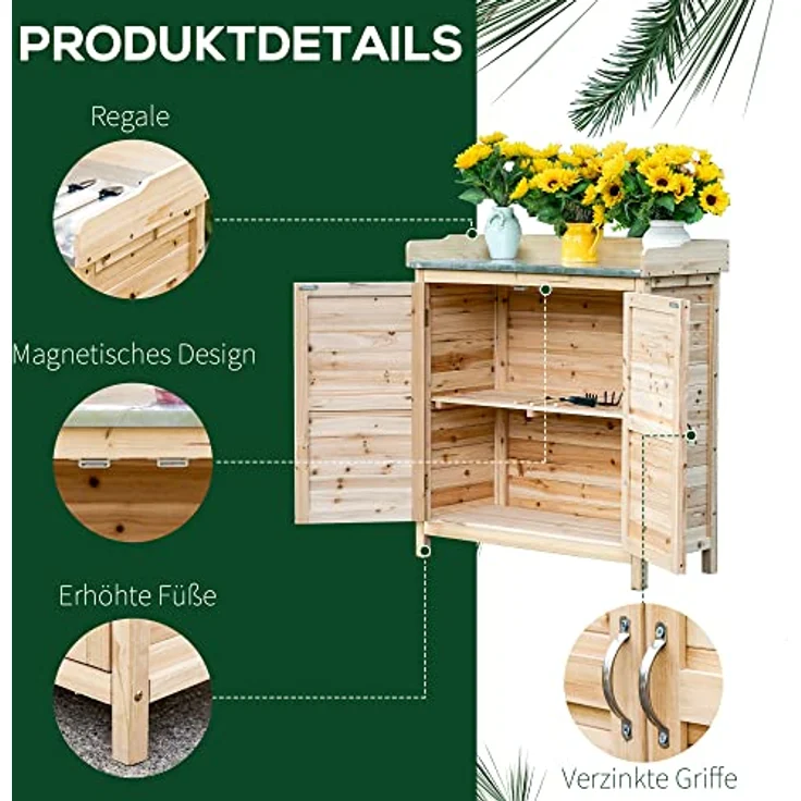 Outsunny Gartenschrank Pflanztisch mit Unterschrank Holz Geräteschrank Schrank mit 2 Einlegeböden Geräteschuppen Garten Schuppen Outdoor Natur 83 x 40 x 92 cm – Bild 5
