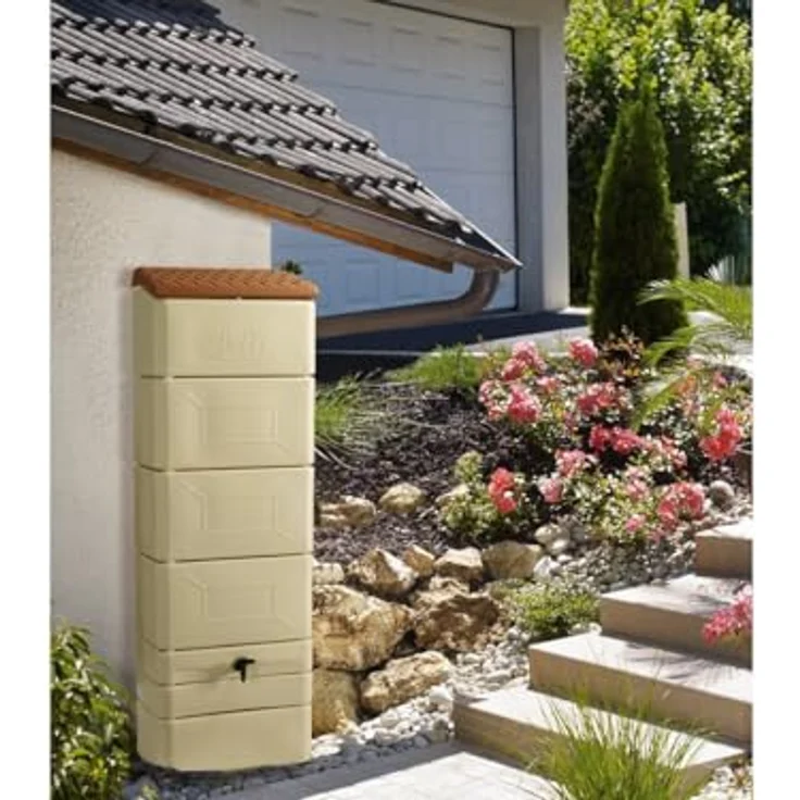 Belli 0936 9 Wasserfass/Regentonne, 300 l zur Wandbefestigung mit Deckel, Hahn und Anschluss-Set, beige, 60 x 180 cm – Bild 2