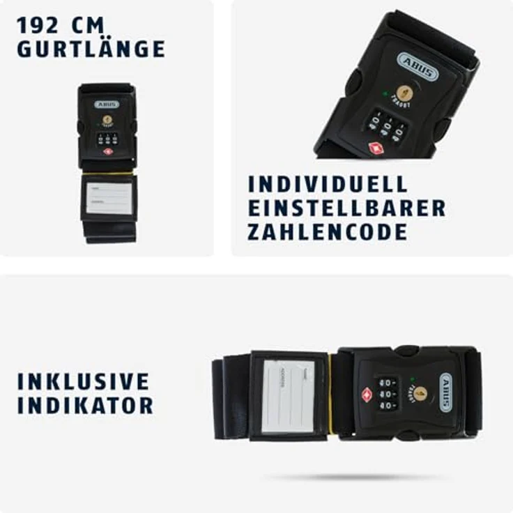 Abus Zurrgurt 620 TSA, Gepäckband mit 3 Zahlenrollen, 192 cm, schwarz – Bild 3