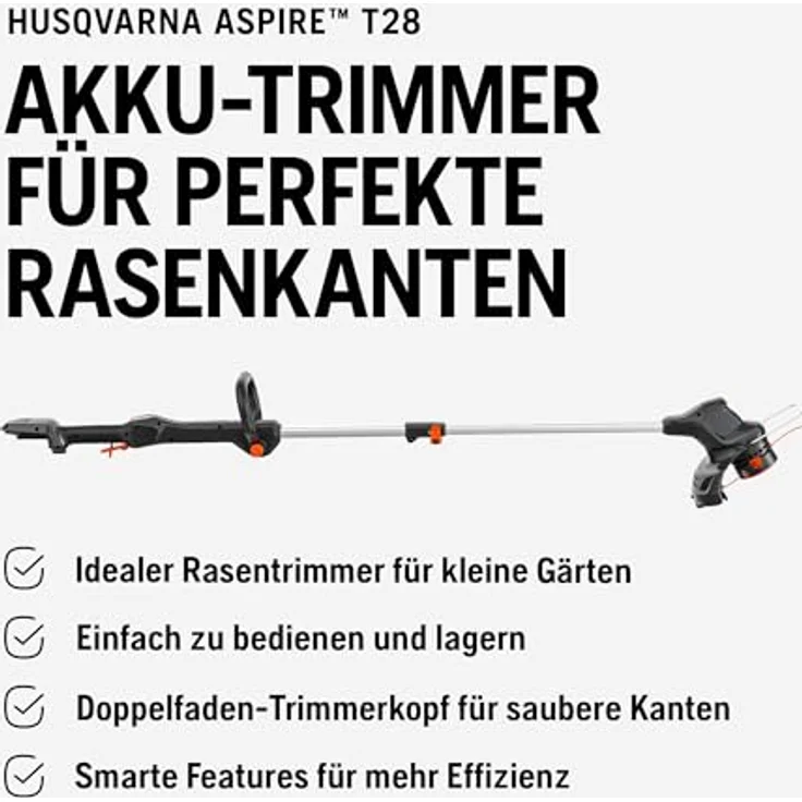 Husqvarna Akku-Rasentrimmer Aspire T28-P4A, 18 V mit 4,0 Ah Akku und Ladegerät, schwarzes Design mit orangefarbenen Details, automatische Schnittlängenanpassung, Pflanzenschutzbügel, verstellbarer Teleskopschaft – Bild 8