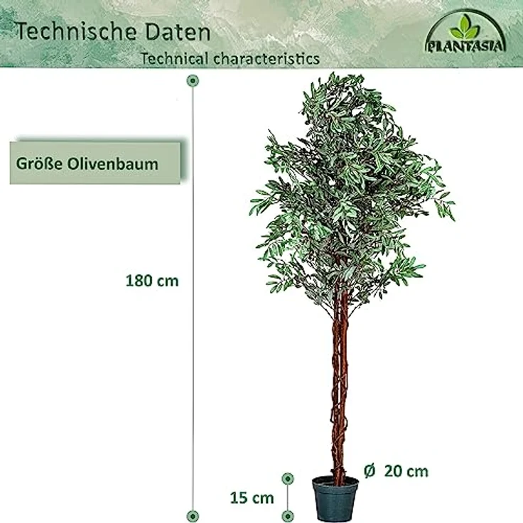 PLANTASIA Kunstpflanze Olivenbaum 180 cm, mit authentischem Stamm und 2256 Blättern und Früchten – Bild 4