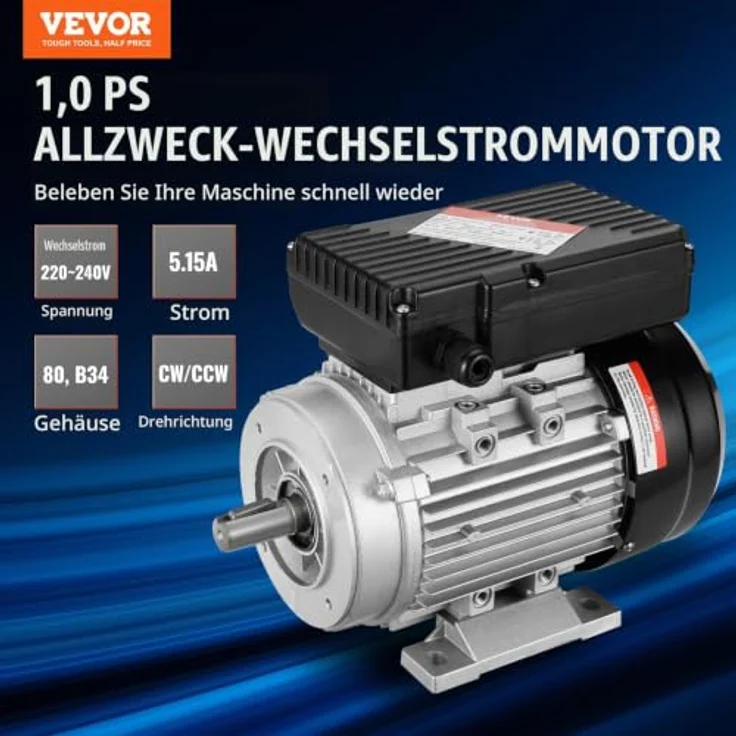 VEVOR 0,75 kW Elektromotor, einphasig, 2850 U/min, AC 220-240 V, 5,15 A, B34-Rahmen, 19 mm Keilwelle, Rechts-/Linkslauf, ideal für landwirtschaftliche Maschinen und Geräte – Bild 2