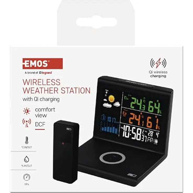 Emos Wetterstation E8010, digitale Wetterstation mit kabelloser Aufladung, Temperatur- und Luftfeuchtigkeitsanzeige, Schwarz – Bild 2