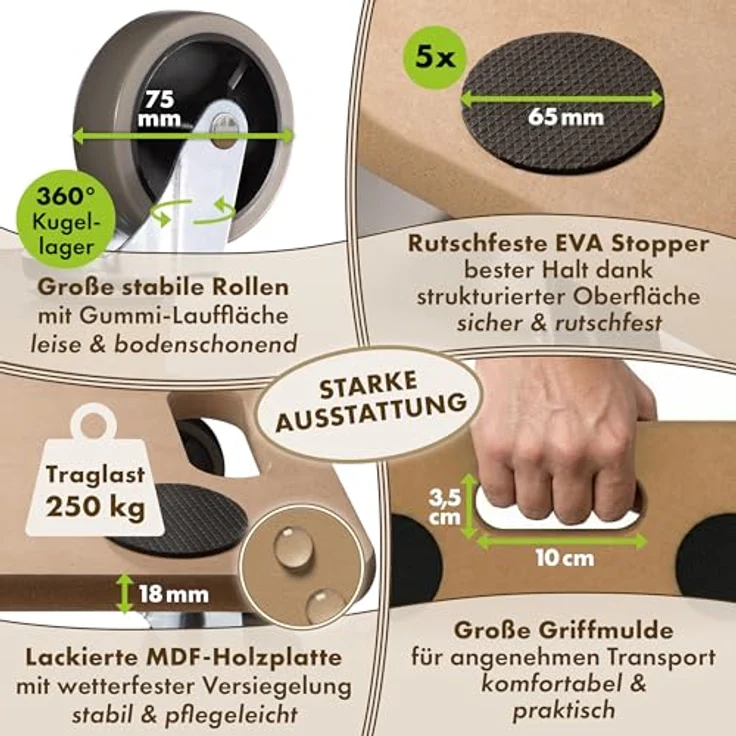 TTL HOME Möbelroller SCOOTER DELUXE 3er Set, lackiertes Rollbrett mit 250kg Traglast, 360° drehbare Gummi-Rollen, 5 Anti-Rutsch-Pads, für Indoor & Outdoor – Bild 4