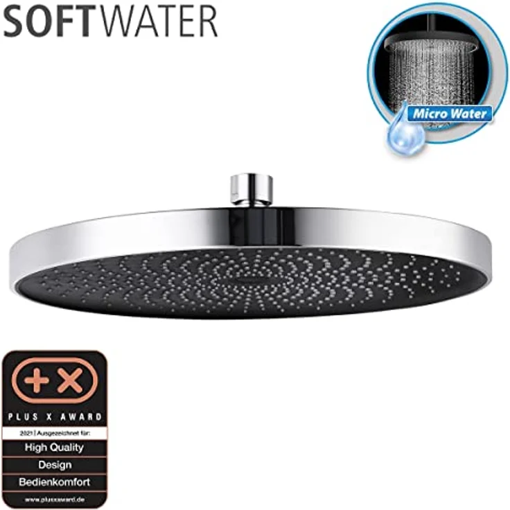 WENKO Softwater Duschkopf, Regenduschkopf, Universalbrause spritzarm und leise in der Funktion, Duschbrause, super sanftes Wasser dank mehr Düsen am Brausekopf, Duschkopf Ø 26 cm, ABS Chrom/Schwarz – Bild 2