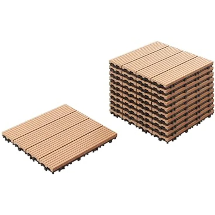 Beliani WPC Terrassenfliesen 11er Set 30x30 cm, Holzoptik hellbraun, langlebig und pflegeleicht mit Klicksystem