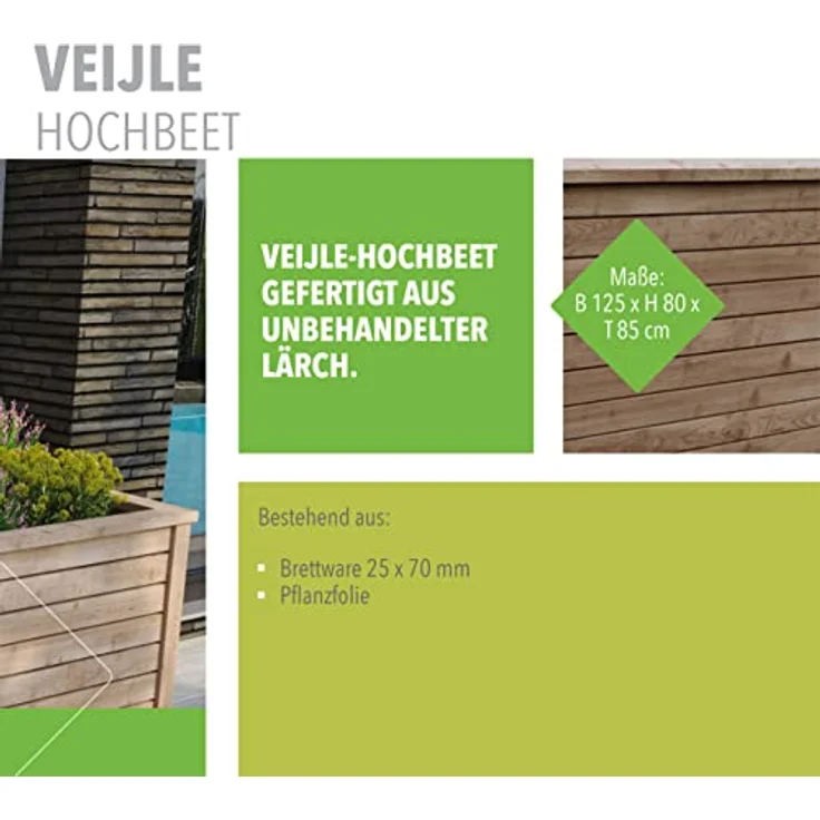 TETZNER & JENTZSCH VEIJLE-Hochbeet LÄRCHE 125 x 80 x 85 cm, 650l inkl. Folieneinsatz I Blumenkasten mit vorgefertigten Wandelementen für den Garten I Pflanzkübel groß außen aus Holz – Bild 3