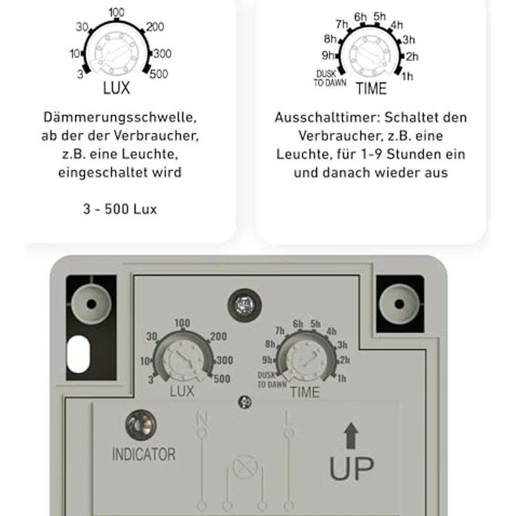 Oktaplex motion Bela Dämmerungsschalter, automatischer Dämmerungssensor mit Timer, IP65 wetterfest, 230V, grau weiß – Bild 3