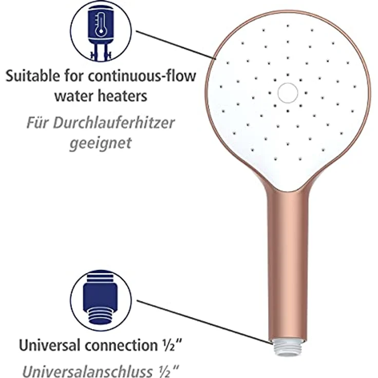 WENKO Duschkopf Automatic Cleaning, Anti-Kalk, runde Universal-Handbrause mit automatischem Reinigungssystem, belebende Regenwasserdusche, handlicher Brausekopf Ø 12 cm im Metallic-Look, ABS Rosé – Bild 4