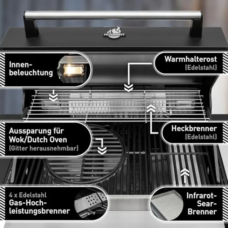 Feuergott Gas-Grillstation Hektor 4B-S mit Infrarotbrenner und Seitenkocher, inkl. Abdeckhaube – Bild 4