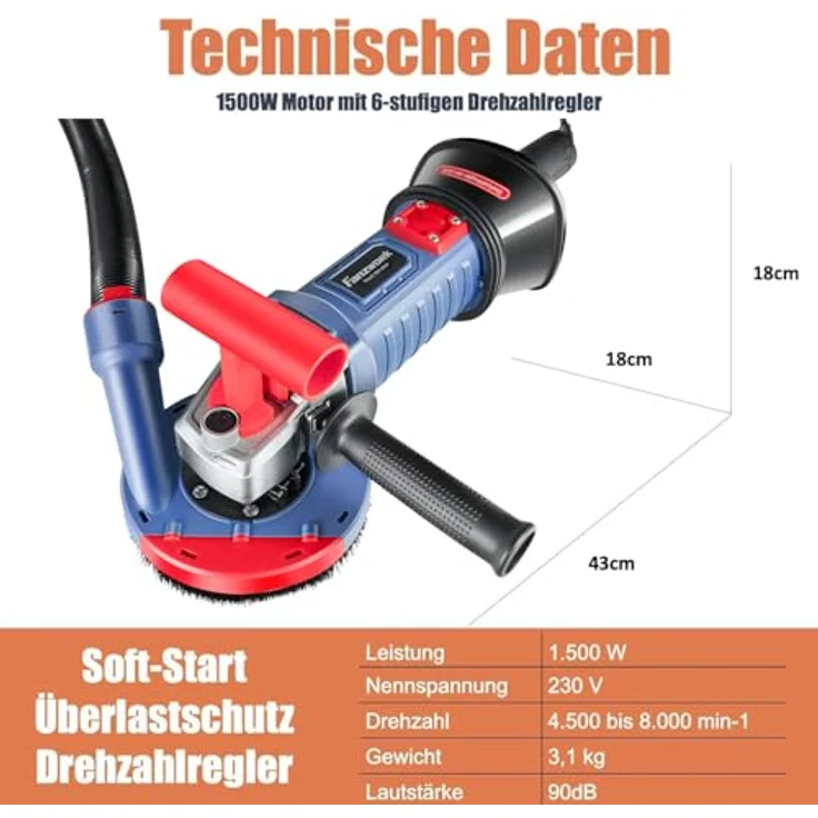 FANZTOOL Multischleifer Betonschleifer Winkelschleifer Sanierungsfräse 1400W Set mit Absaughaube und Schleifteller und Metallbürste und Sandpapier, mit Drehzahlregelung – Bild 7