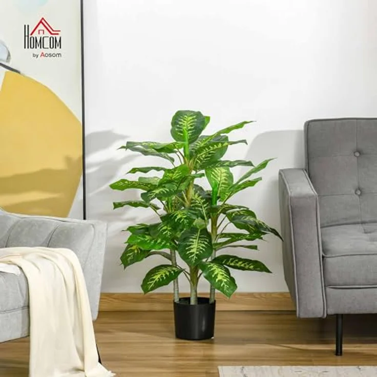 HOMCOM Künstliche Dieffenbachie 95 cm, Kunstpflanze im Zementtopf mit grün-gelben Blättern für Wohnzimmer und Garten – Bild 2